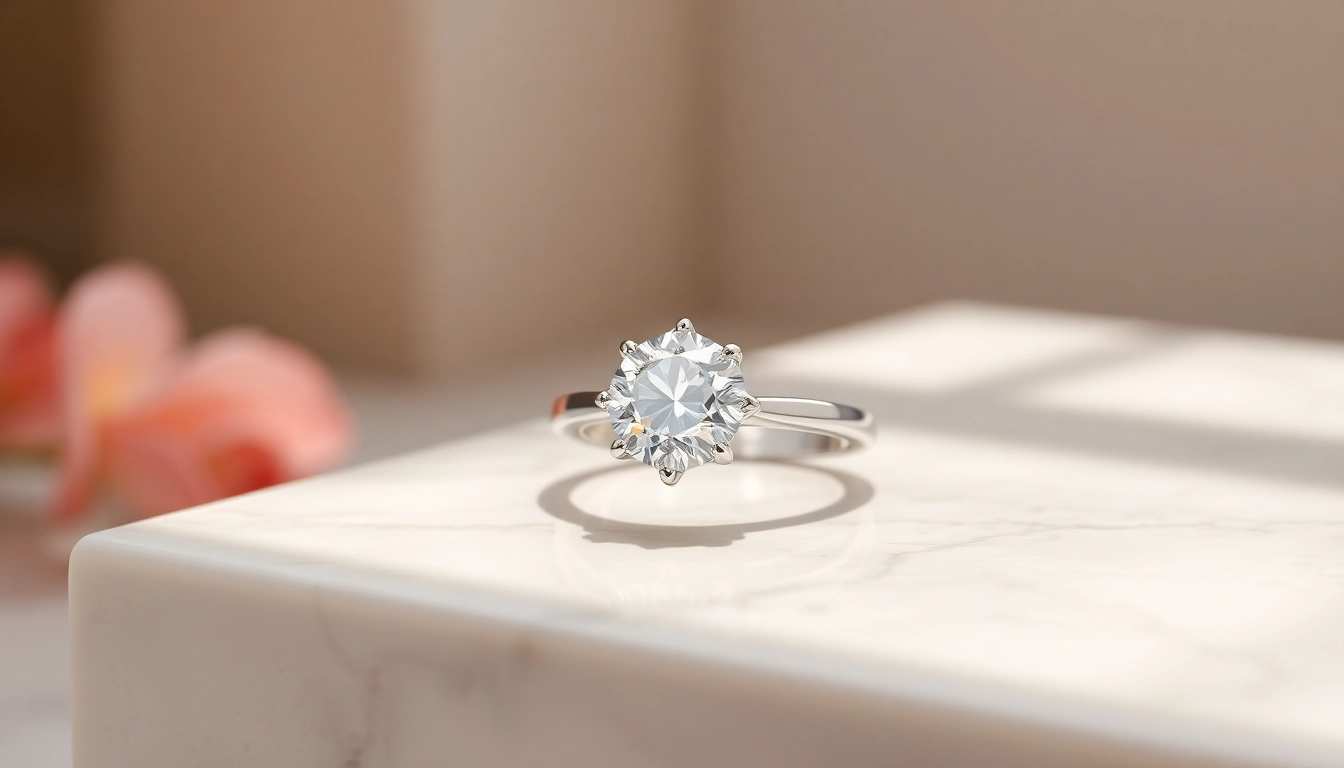 Admire the exquisite sparkle of a 2 carat engagement ring set on a marble surface, showcasing its unique design.