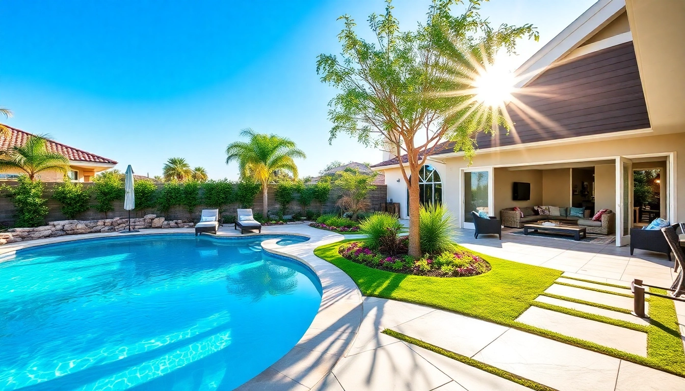 Enhance your outdoor living with exquisite Hardscapes & Pools, showcasing a vibrant pool and elegant stonework.