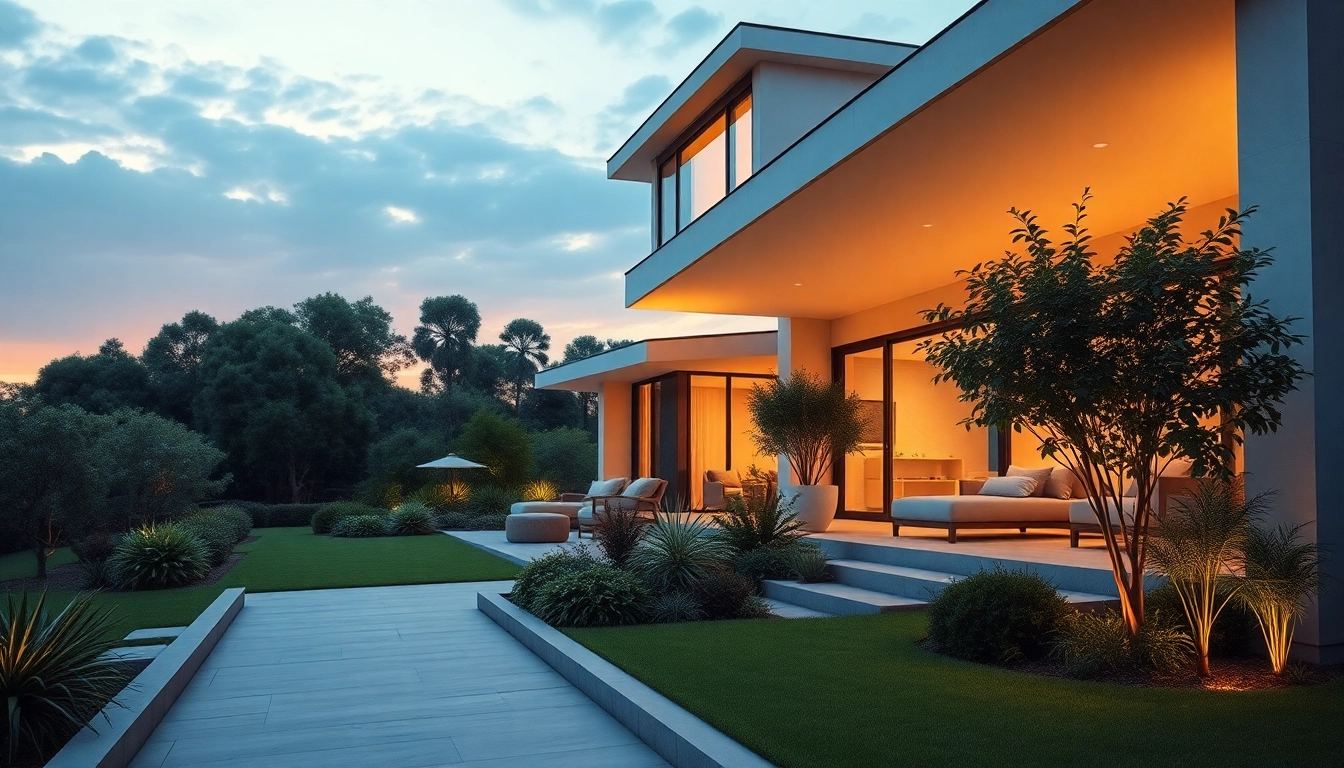 Buy a property showcasing a modern house surrounded by vibrant greenery in golden sunset light.