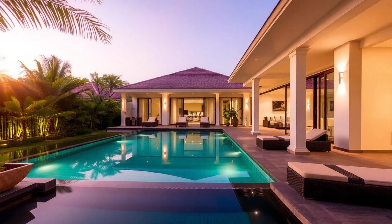 Villa management service showcasing a luxurious villa with an inviting pool and lush gardens.