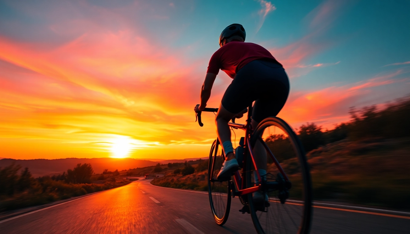 Cycling through a scenic sunset, showcasing dynamic motion and vibrant colors.