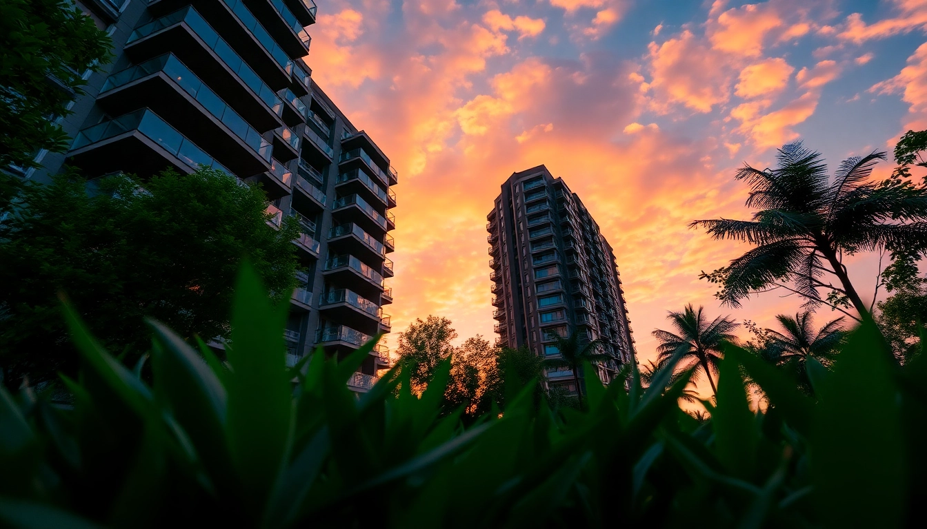 Admire the modern architecture of Margaret Drive condo surrounded by lush greenery at sunset.