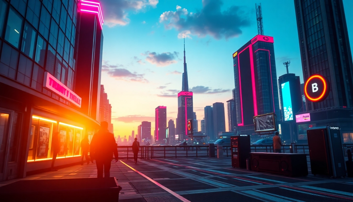 Showcase Tech gadgets in a futuristic cityscape, highlighting cutting-edge designs.