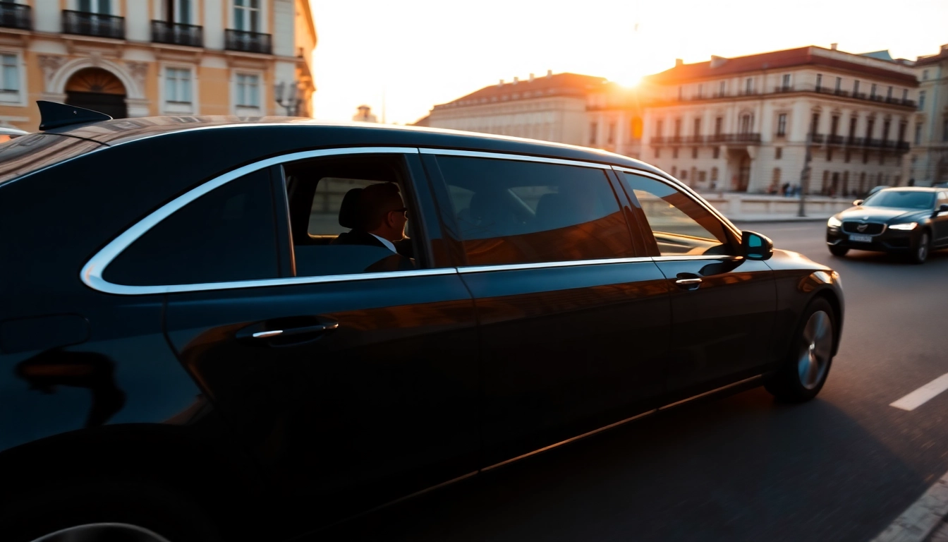 Luxury hire chauffeur Lisbon transporting clients in an elegant black limousine through scenic streets.