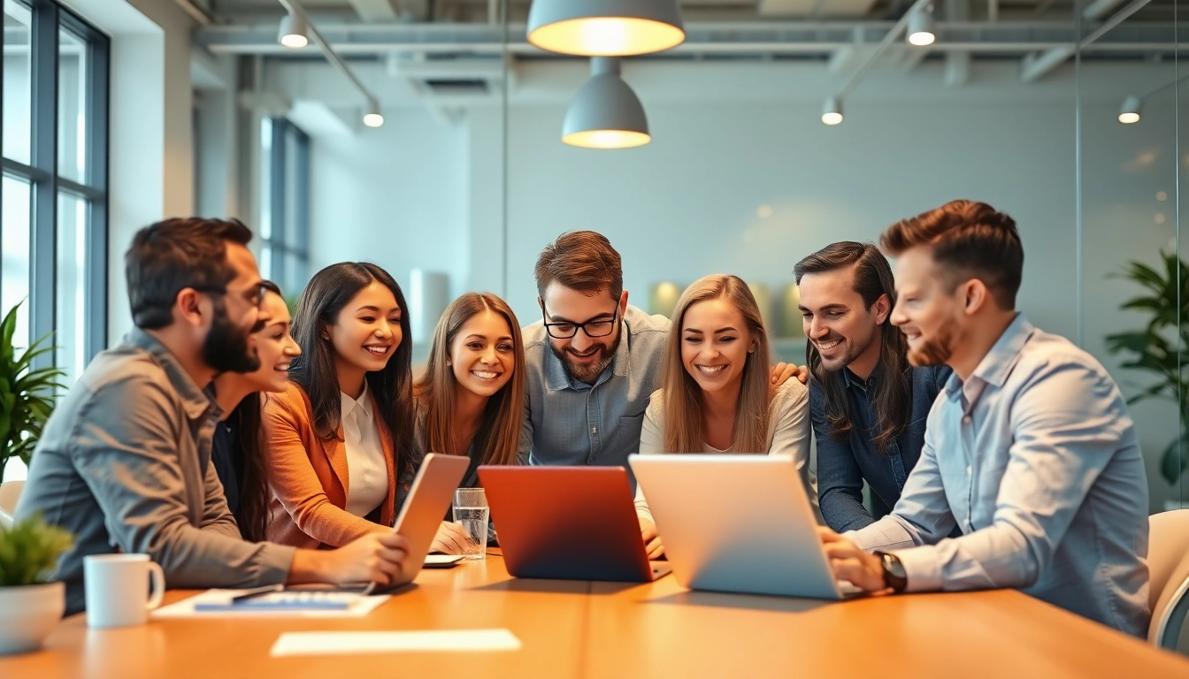 Team collaborating on payroll software in a modern workspace.