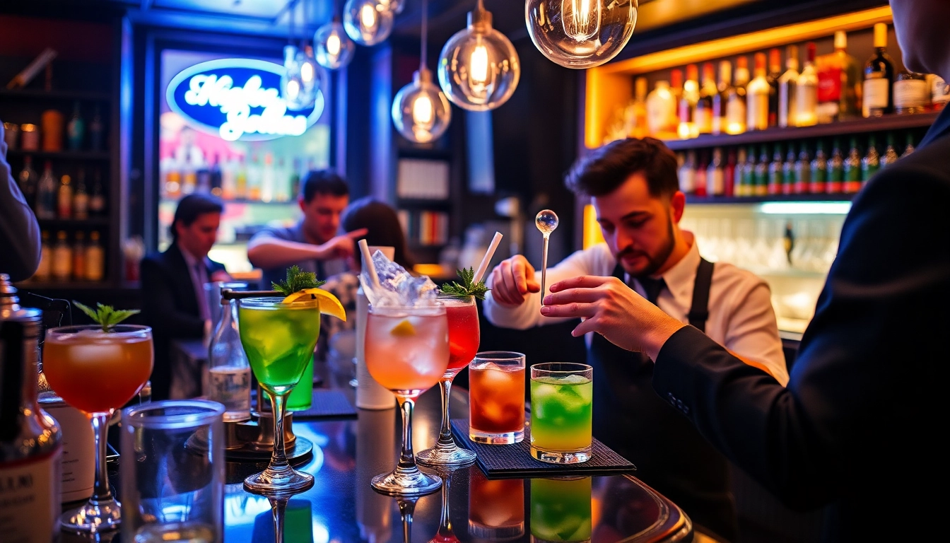 Master the art of mixology with an engaging cocktail kurs berlin session, showcasing vibrant cocktails at a chic bar.