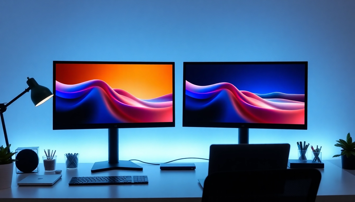 Install dual monitors in a modern workspace with sleek design and ambient lighting.