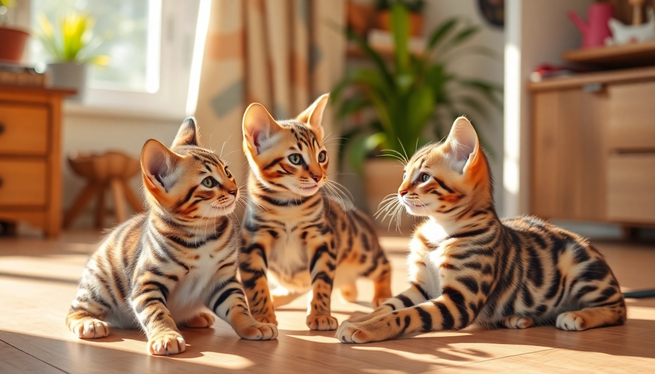 Playful Bengal kittens showcasing their traits as a Registered Bengal Breeder in a bright, sunny room.