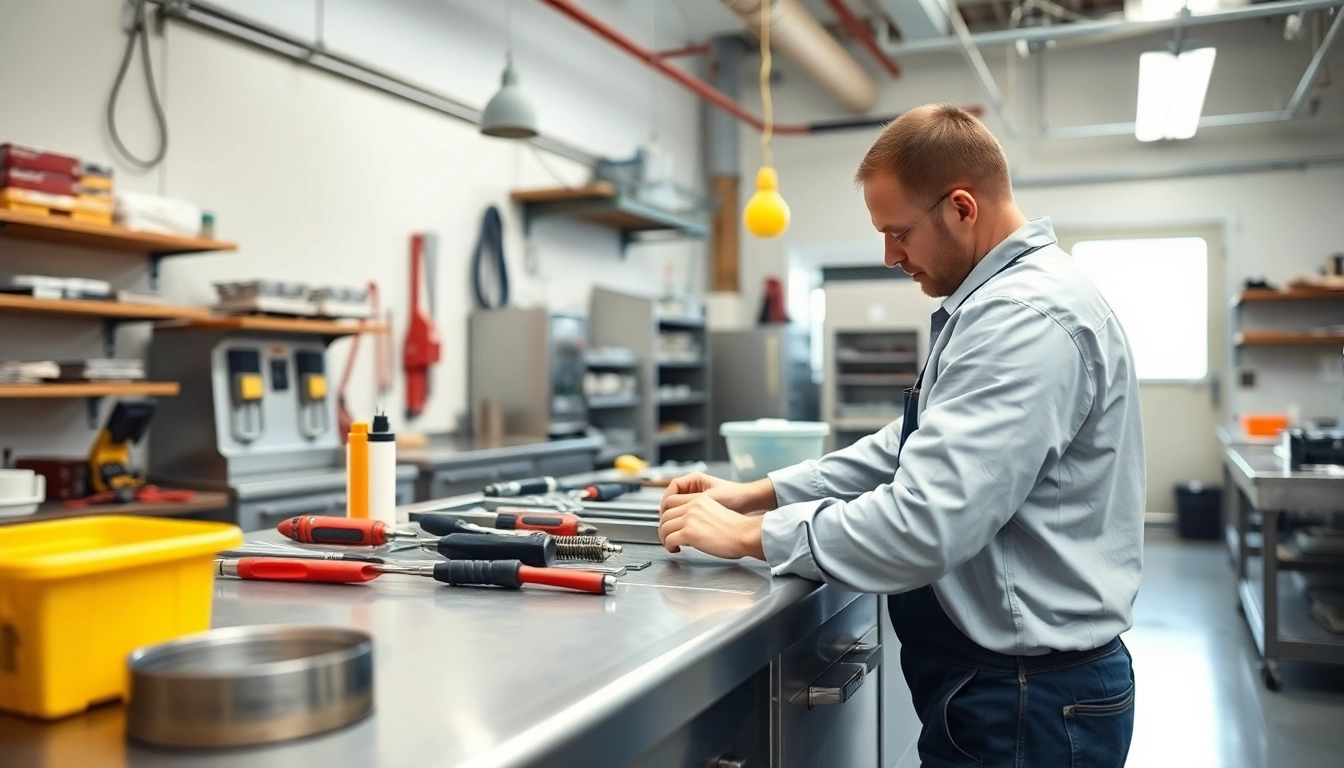 Skilled technician performing prep table repair with precision and expertise in a clean workshop environment.