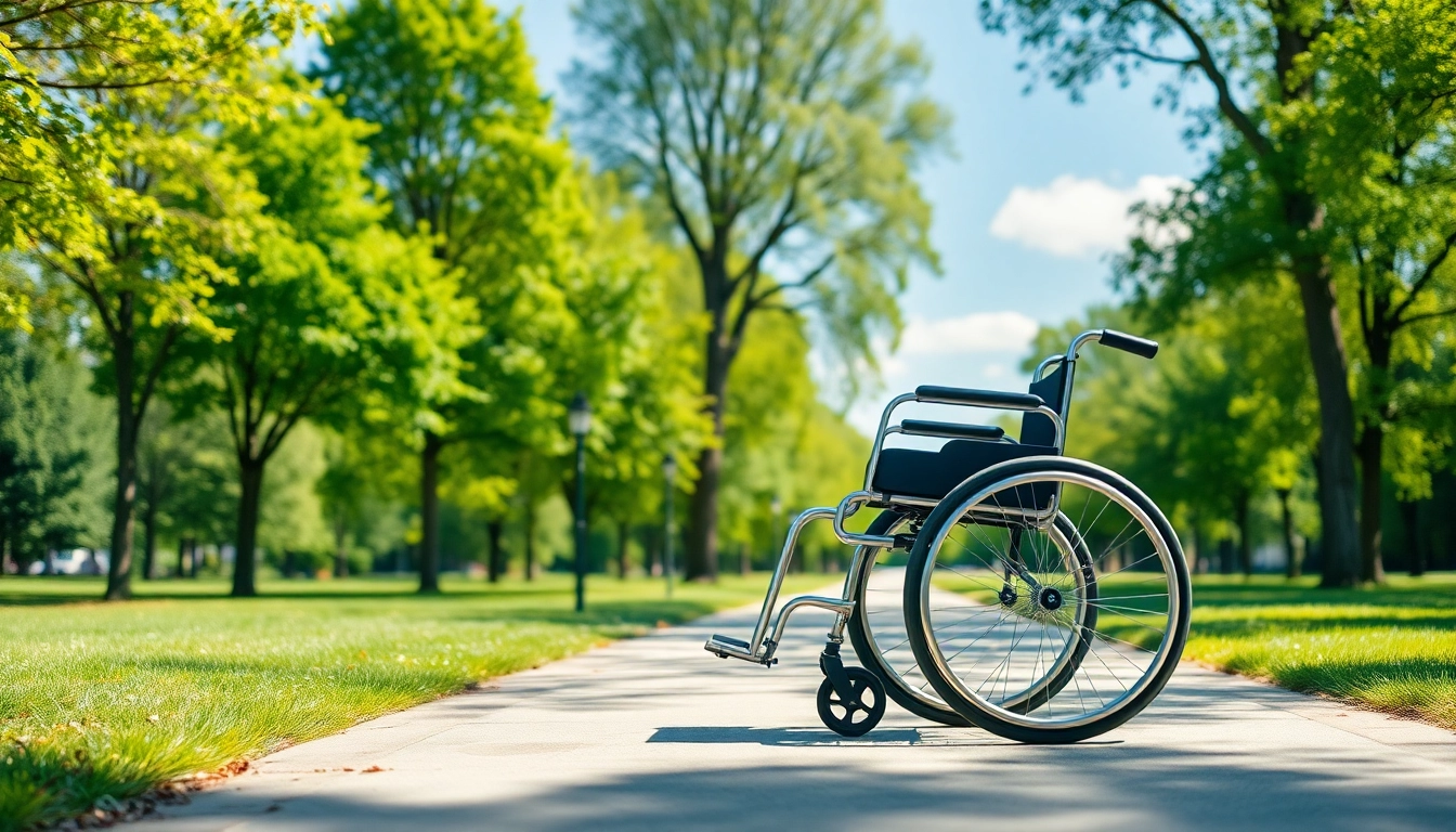 Manual wheelchair parked on a sunny path in a lush park, showcasing its design and usability.