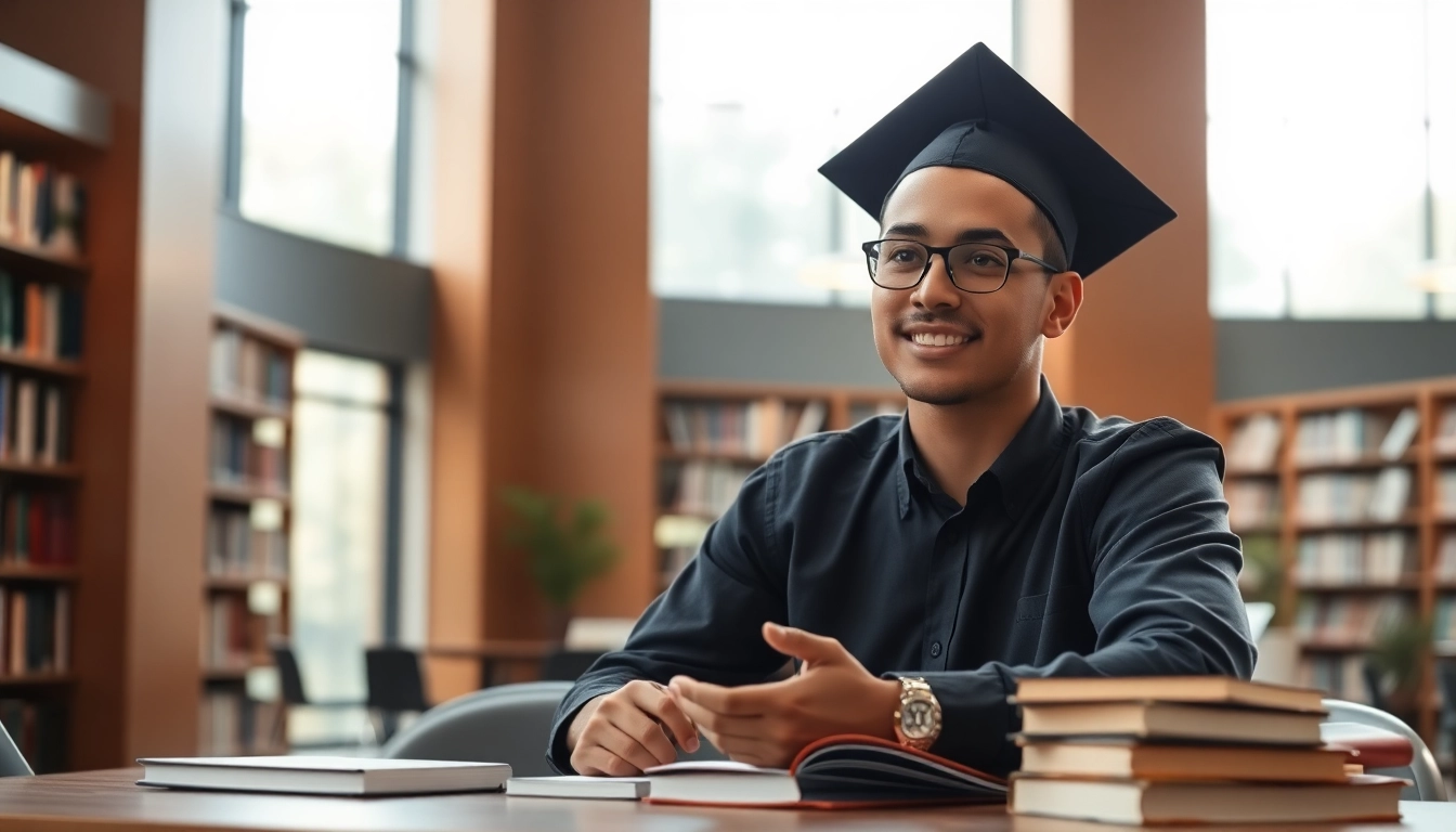 Focus on a student pursuing a professional degree in a modern library.
