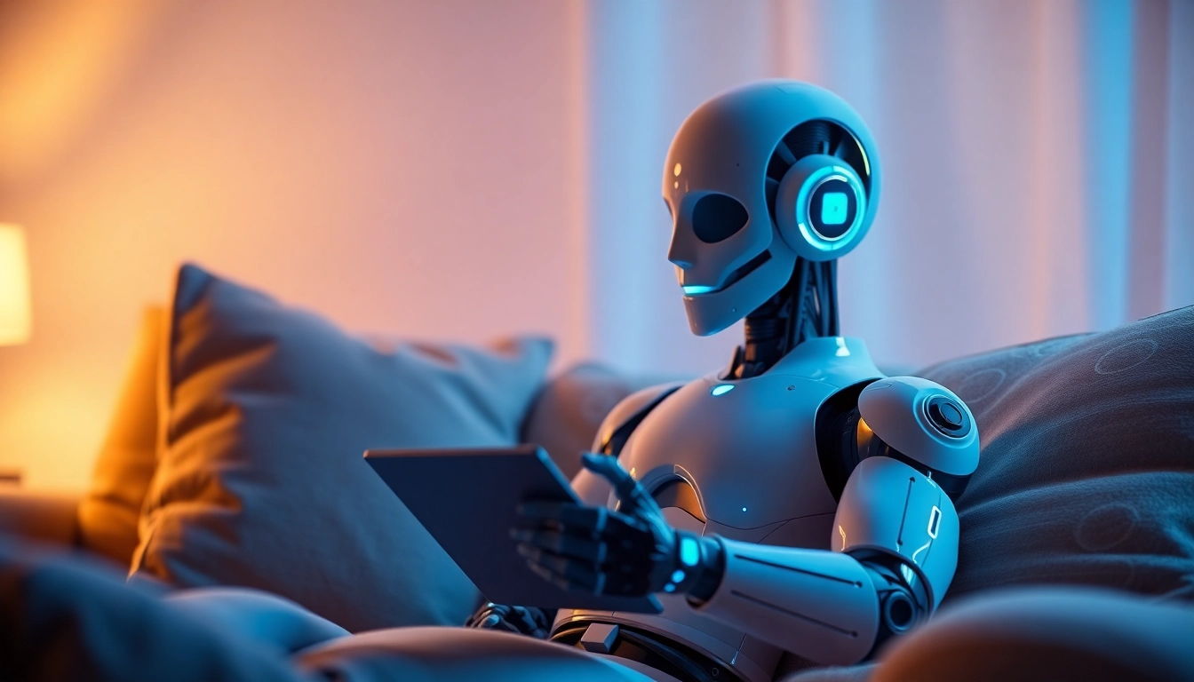 Engaging in sexchat ai with a realistic AI chatbot in a cozy, softly lit environment.