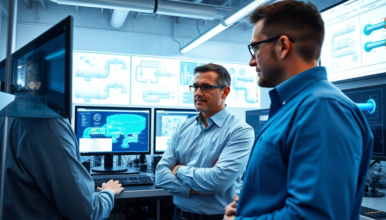 Engineering team conducting pipe stress analysis for a leading pipe stress Analysis Company in a modern office.