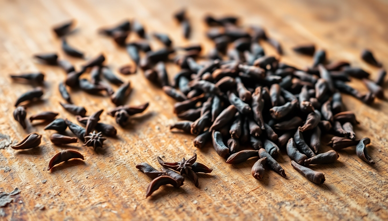 Whole cloves scattered on rustic wood, showcasing their rich color and aromatic essence.