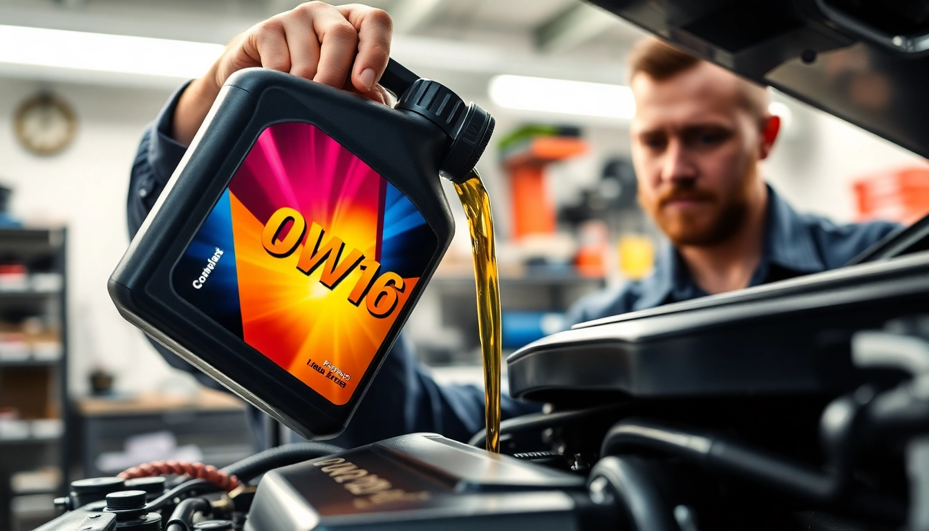 Pouring high-quality 0W16 oil into a car engine, highlighting smooth texture and professional setting.
