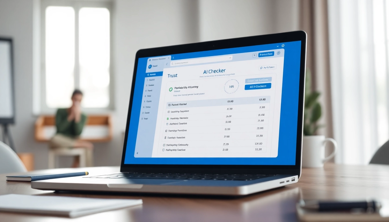 Check results on an AI checker tool displayed on a laptop screen in a modern office setting.