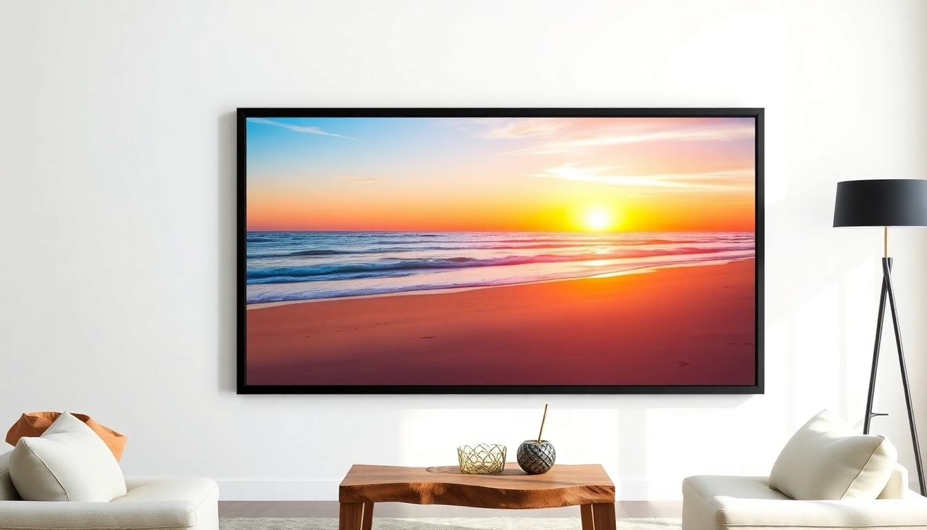 Showcasing a vibrant beach sunset in a sleek 24x36 frame, enhancing home decor.