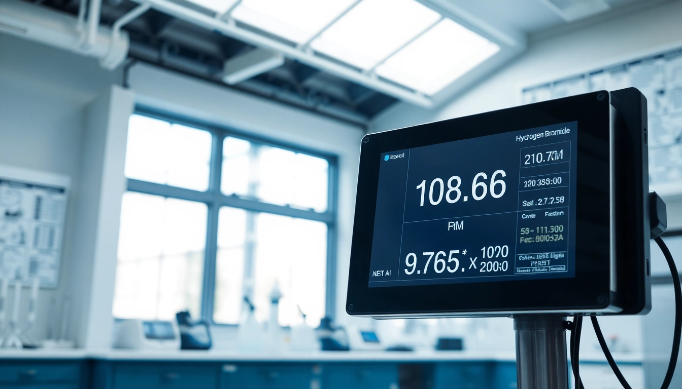 Monitor displaying hydrogen bromide levels in a modern laboratory for safety analysis.