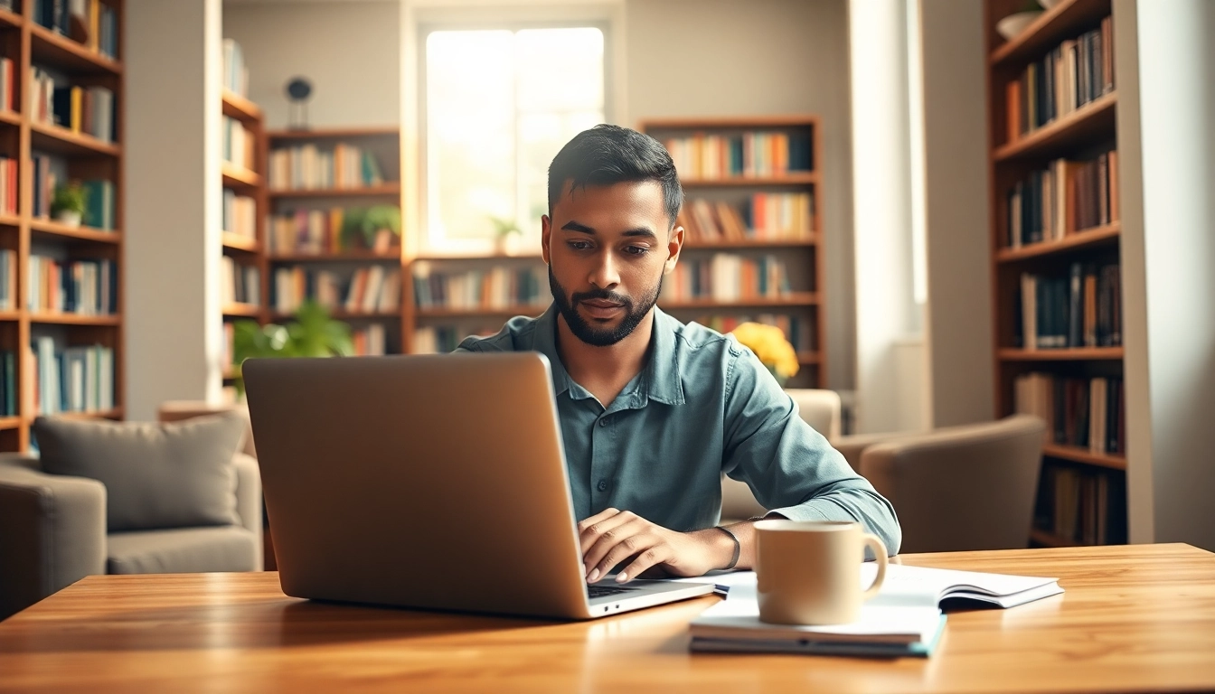 Engaged graduate student studying for a buy distance learning masters degree in a cozy home office.