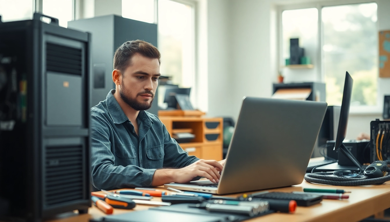 Riparazione computer torino con un tecnico esperto al lavoro su un laptop in un ambiente professionale.