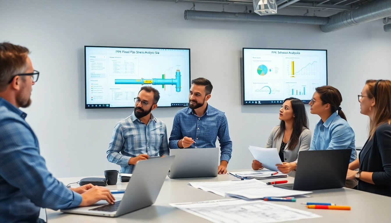 Engineers collaborating in a modern office for pipe stress analysis, showcasing teamwork and technology.