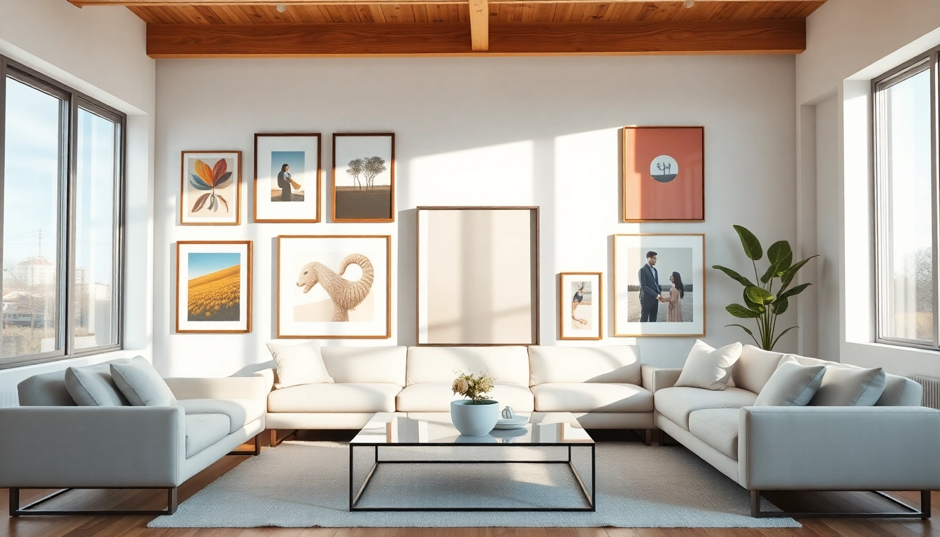 Showcase of modern design picture frames featuring vibrant art and family photos in a bright living room.