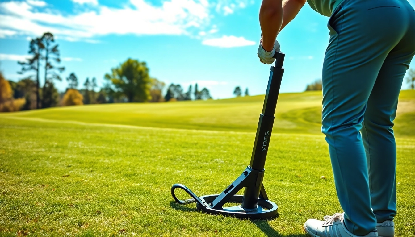 Improve your game with a golf swing training aid showcased by a professional golfer on the green.