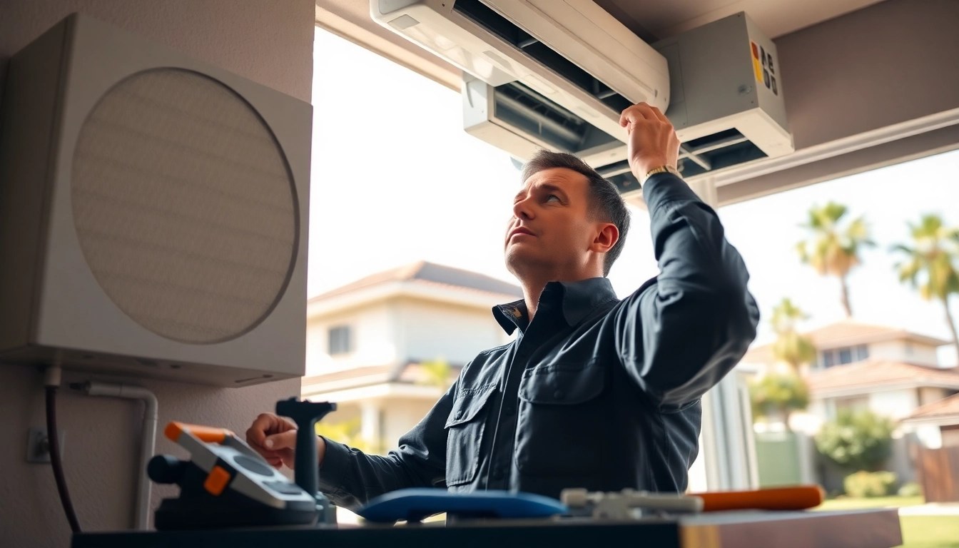 HVAC services Los Angeles technician performing maintenance on air conditioning unit at residential home.