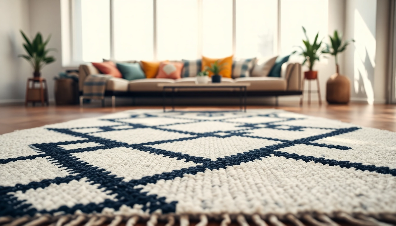 Showcase the stunning Beni Ourain rug available at https://labboho.com/collections/beni-ourain-rugs, highlighting its unique patterns and texture in a cozy living room.