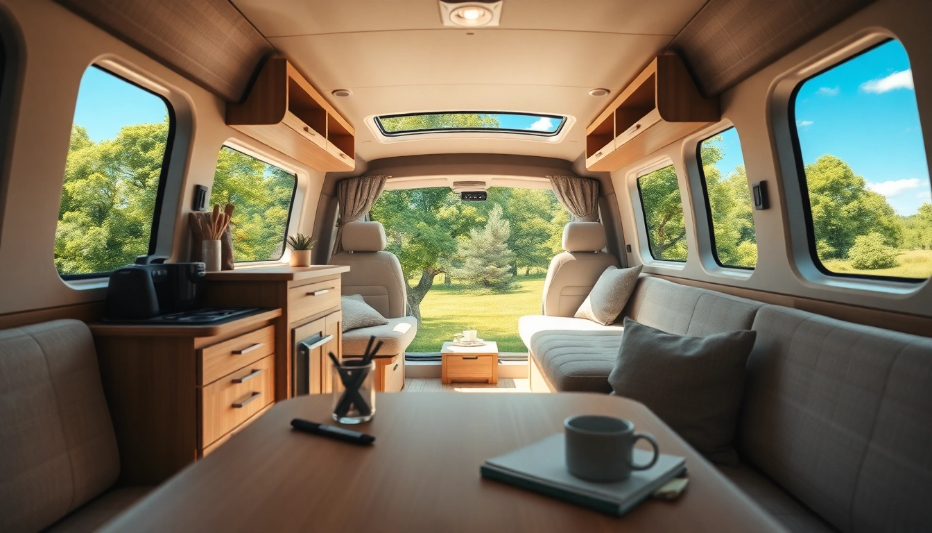 Cozy camper van interior featuring a compact kitchen and comfortable seating area