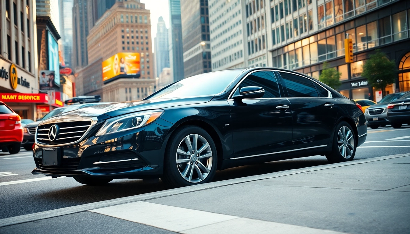 Car service NYC showcases a sleek black sedan amidst the dynamic urban scenery.