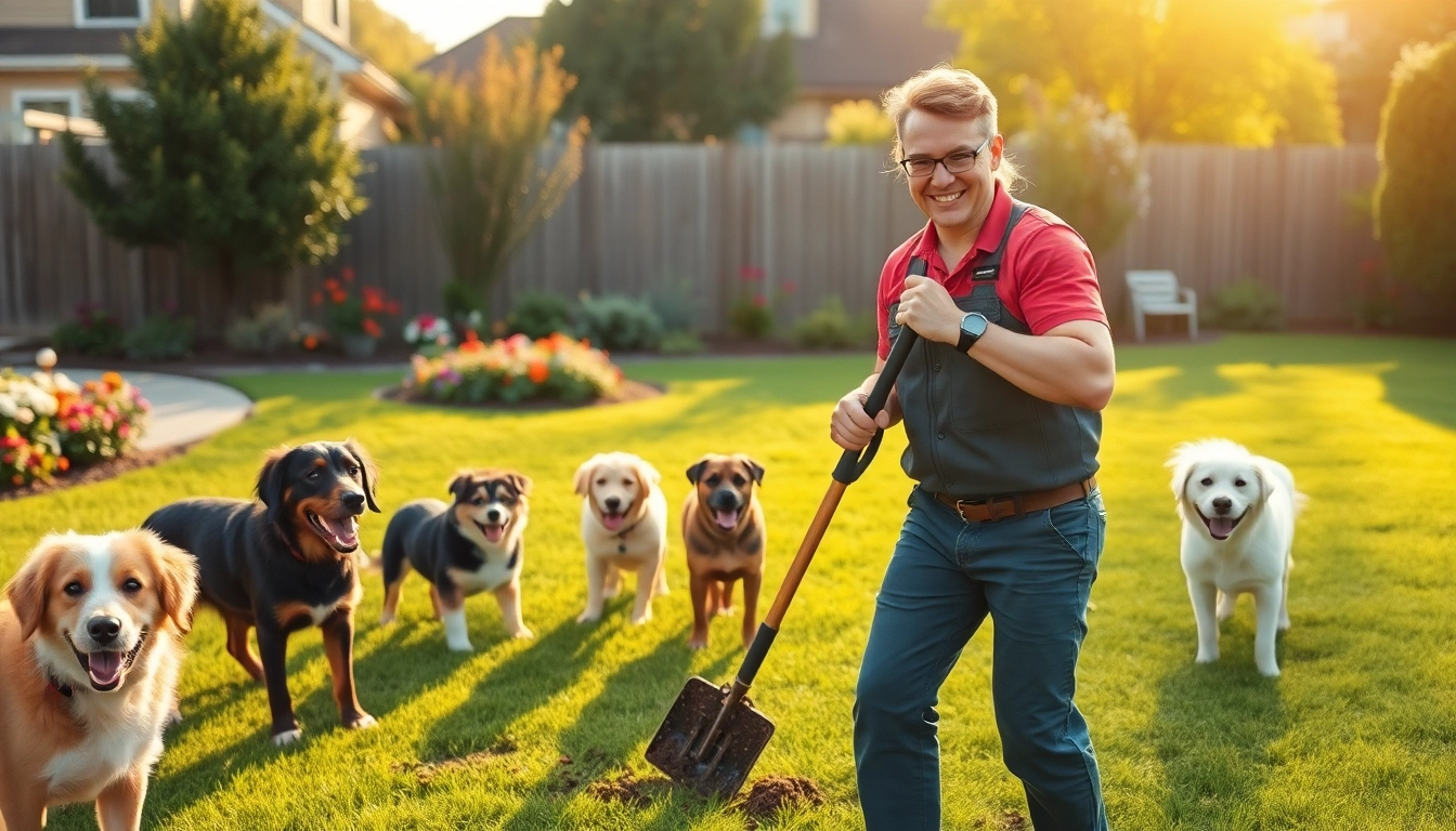 Engaging dog poop cleanup service ensuring a clean yard with happy dogs around.