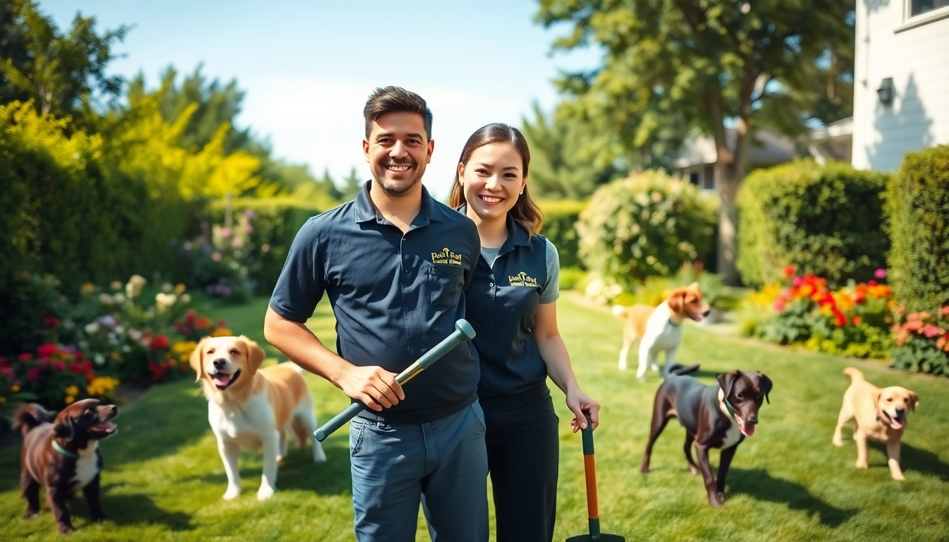 Dog clean up service professional collecting pet waste in a vibrant, well-kept yard.