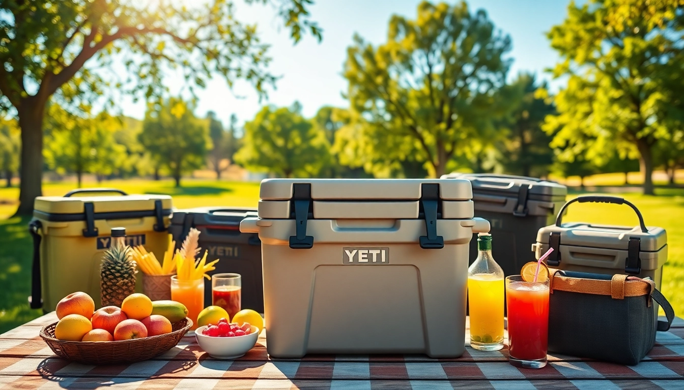 Explore coolers from cooler companies like Yeti set up for a summer picnic.