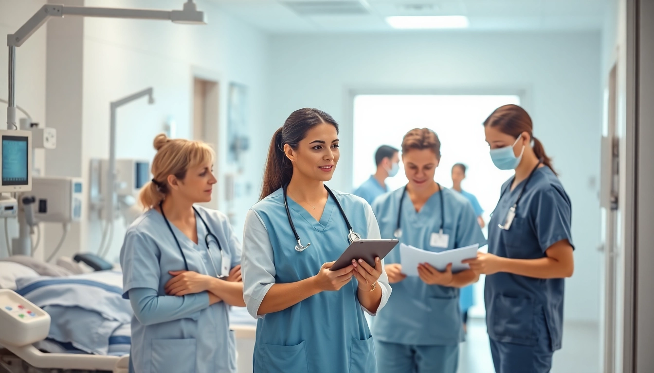 Healthcare support service team assisting patients in a modern hospital environment.