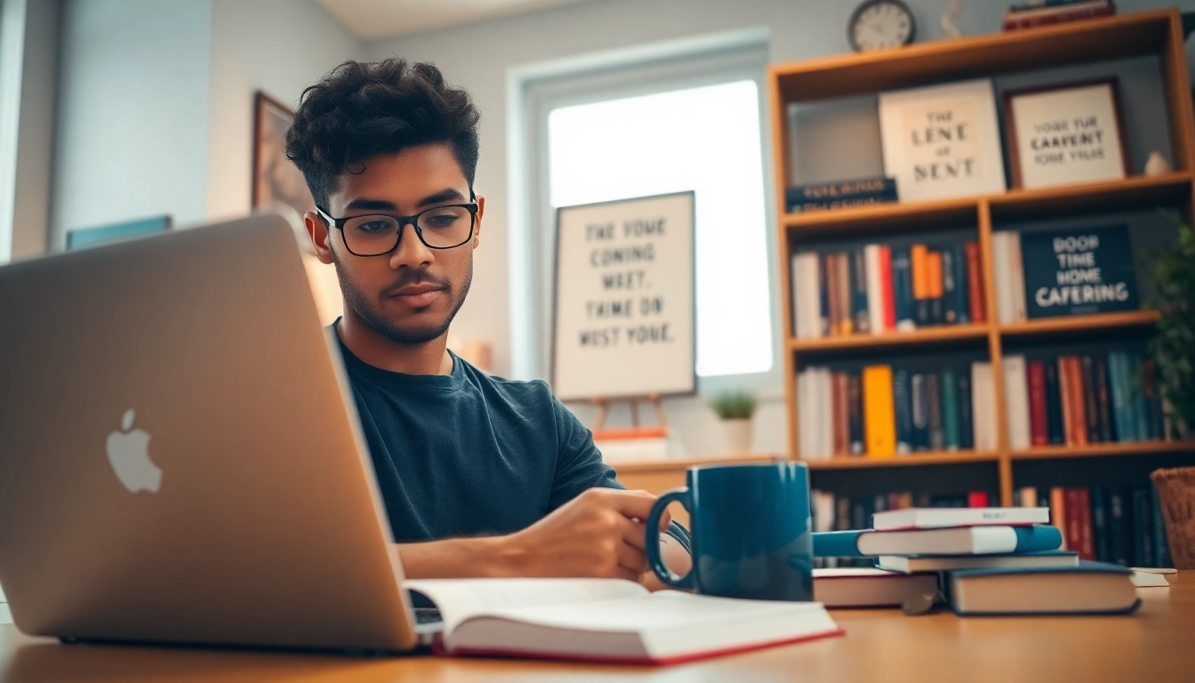 Buy distance learning masters degree while studying at a cozy home office with books and laptop.