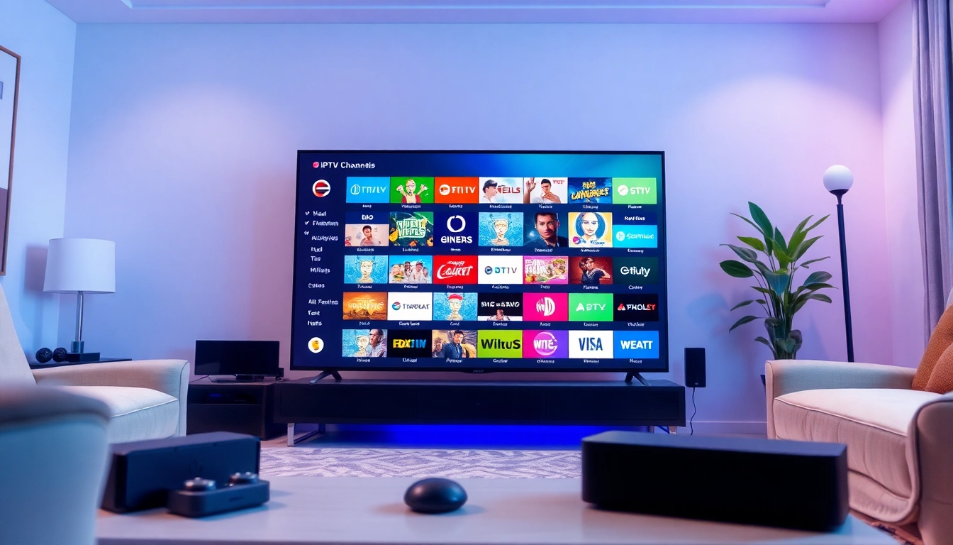 Showcasing an IPTV Subscription USA setup with a modern TV and diverse channel options.