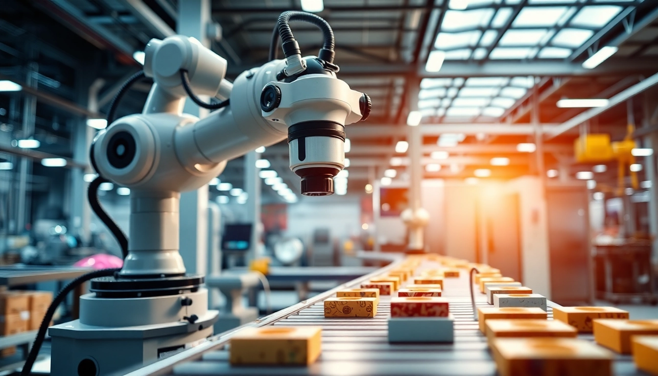 Machine vision system inspecting products with robotic arm in an industrial setting.