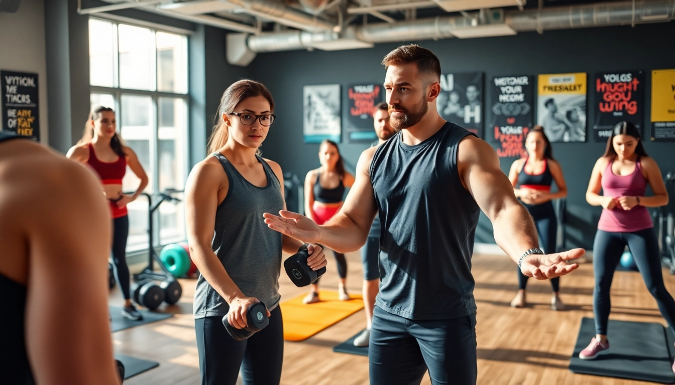 Engaging gym Training Consultation with a professional trainer guiding diverse clients through workouts.