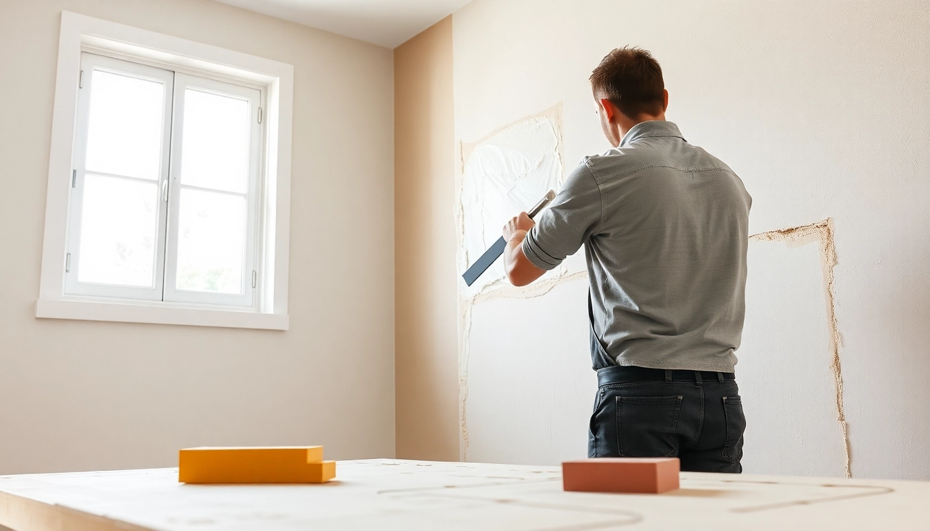 Skilled drywall repair in Madison WI featuring a contractor applying compound for a perfected finish.