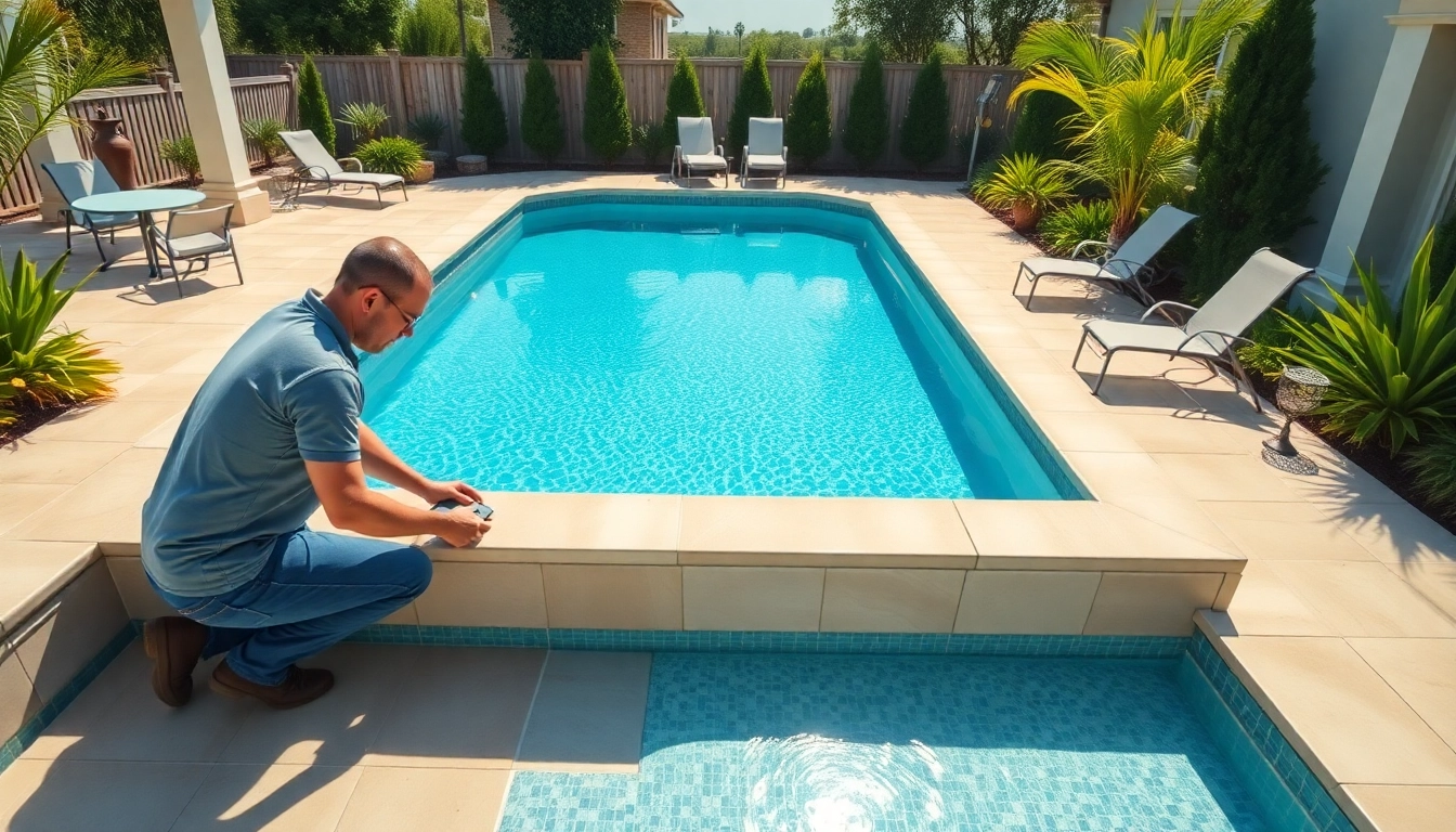 Showcasing a swimming pool installation, a skilled installer works on a custom-designed inground pool.