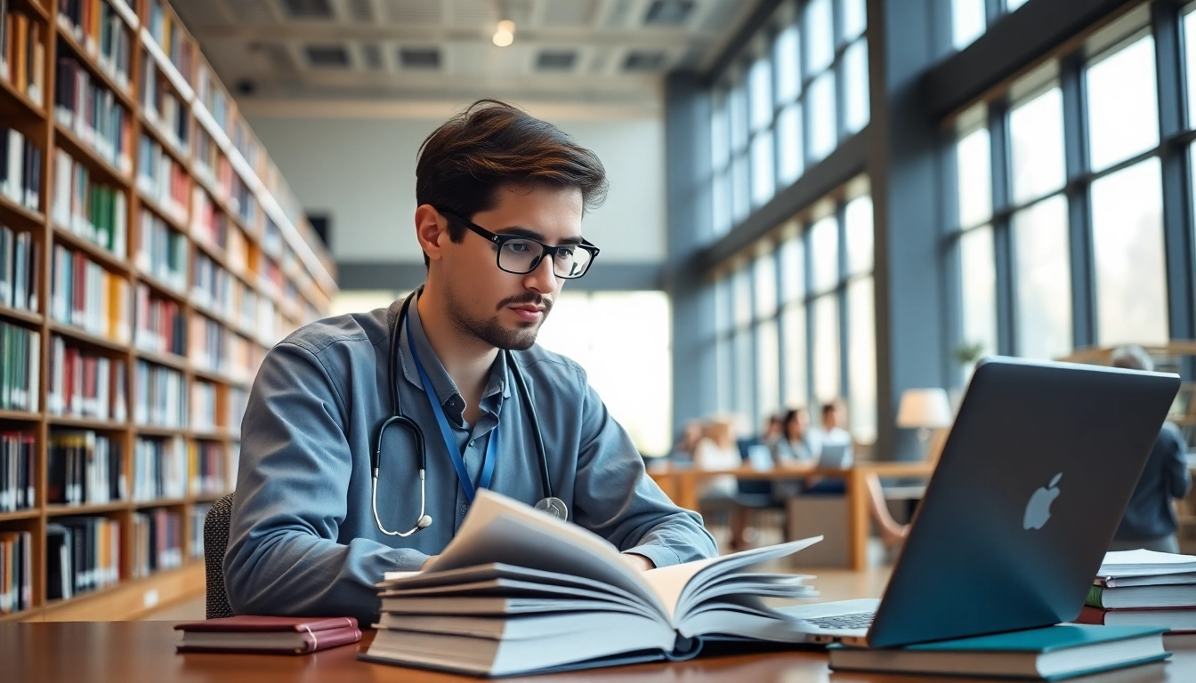 Medizinstudium ohne Test: Ein engagierter Medizinstudent in einer modernen Bibliothek mit Studienmaterialien.