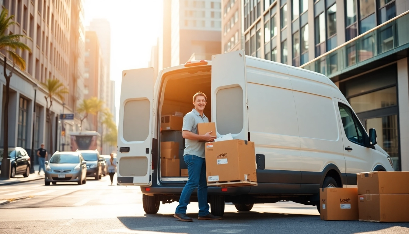 Efficient man and van moving service in action, showcasing a professional team loading boxes into a van.
