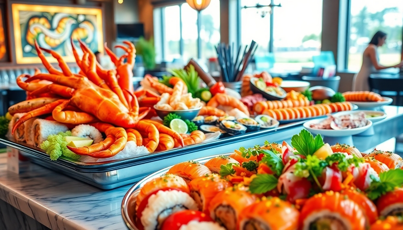Savor Seafood Buffets near me with a variety of fresh seafood dishes artistically arranged.