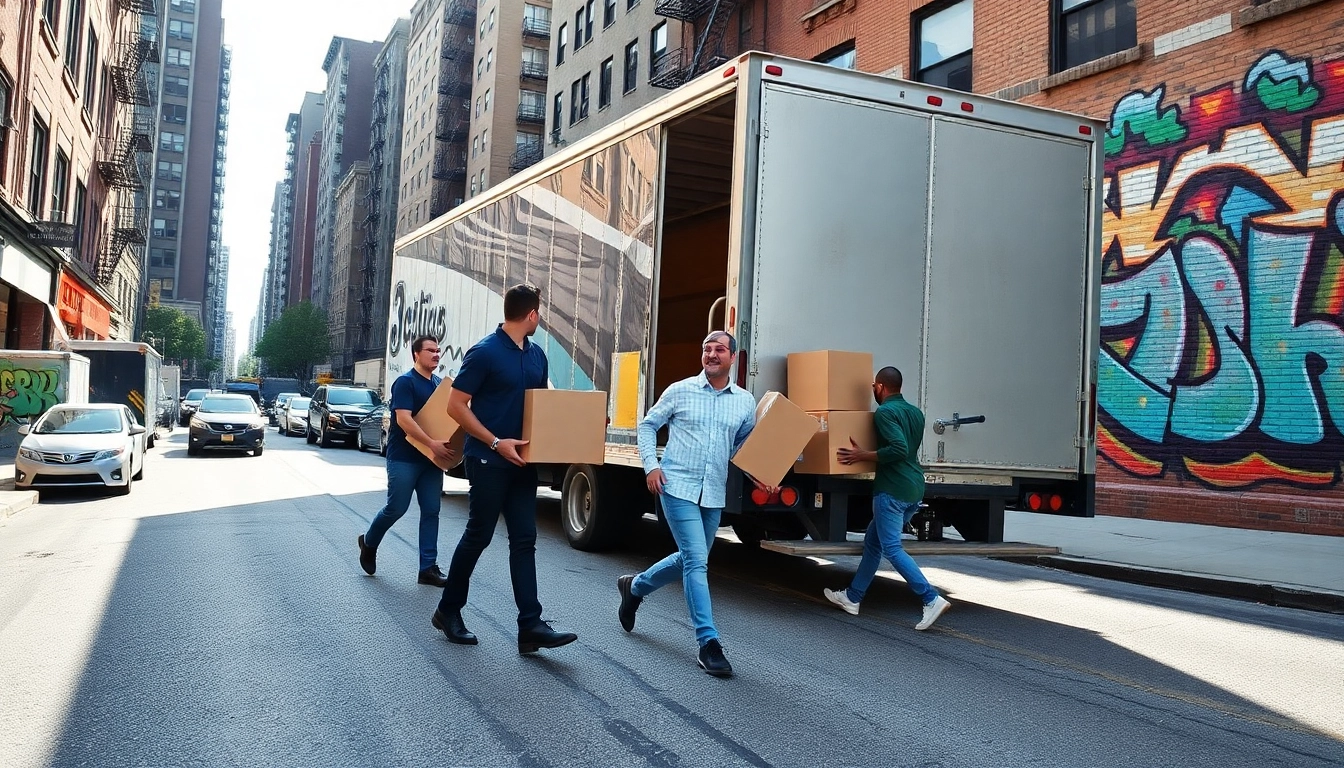 The Bronx movers expertly loading items into a truck, showcasing teamwork and efficiency in a vibrant urban setting.