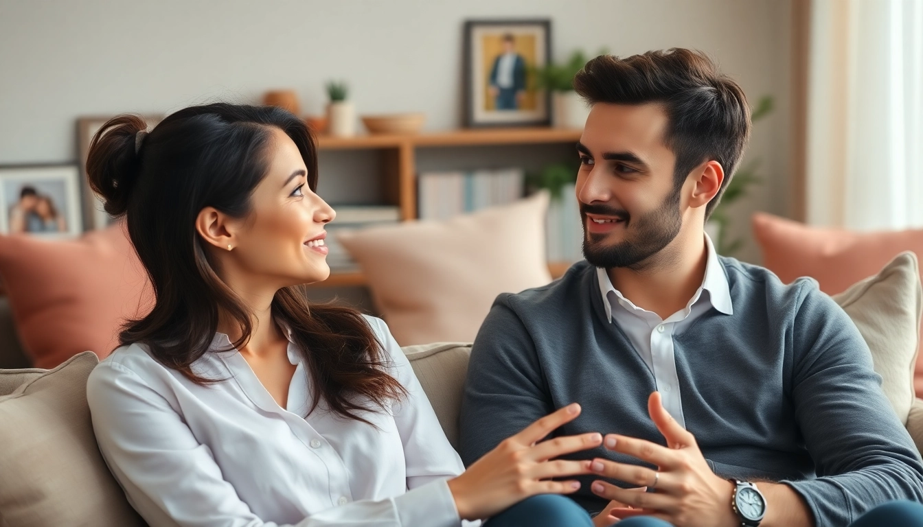 Couple practicing effective communication in relationships while seated in a cozy living room.