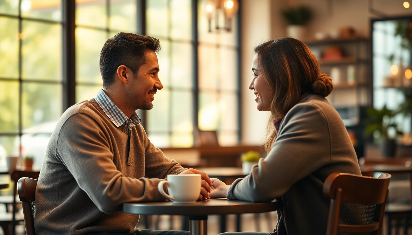Engaged couple showcasing communication in relationships in a cozy café setting.