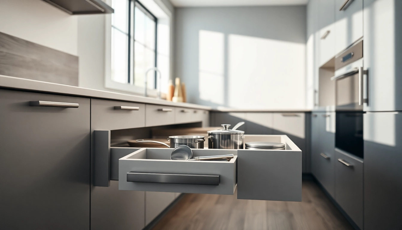 Showcase of a Double wall drawer system with smooth gliding mechanics in a modern kitchen.