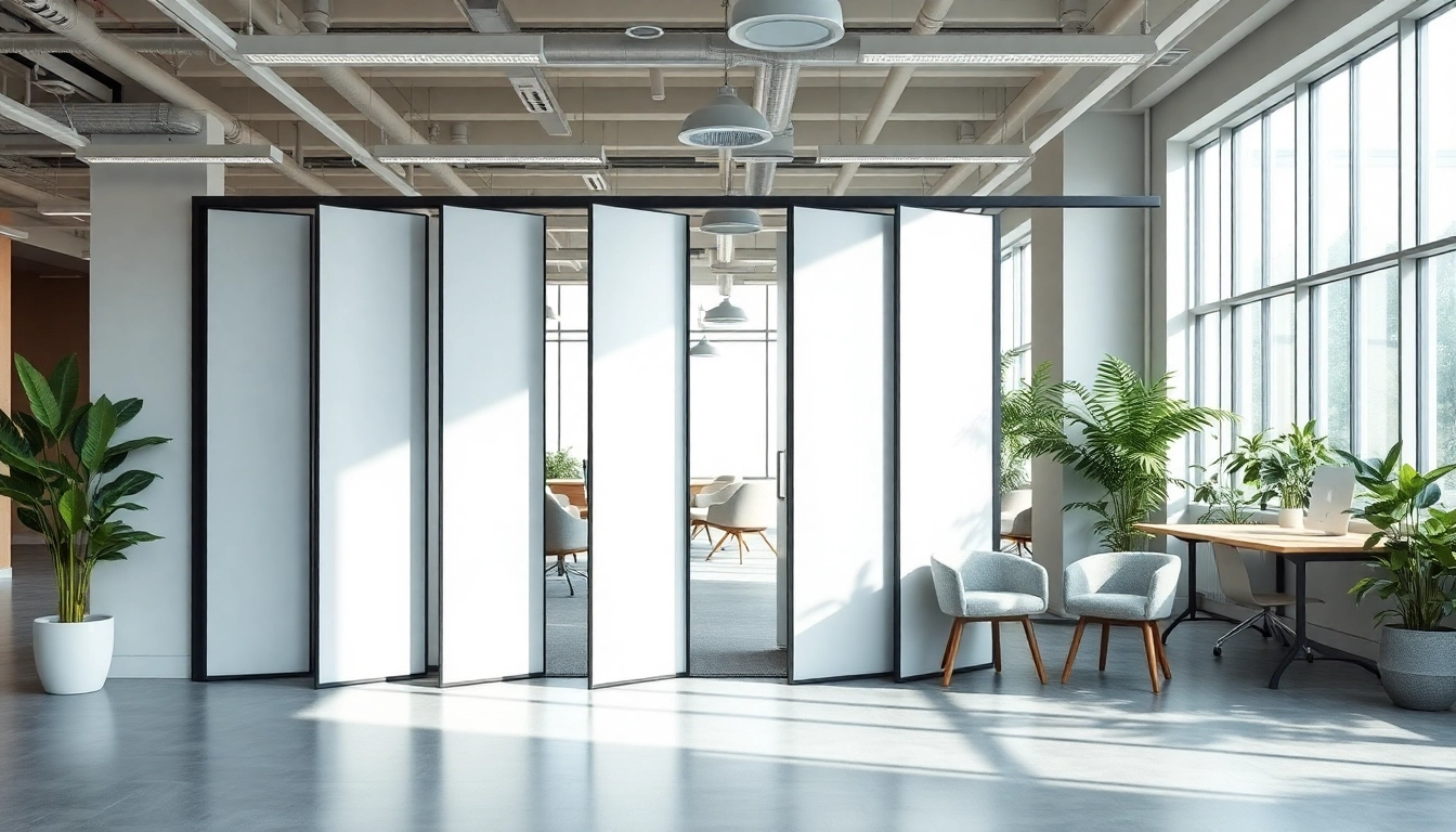 Showcasing a modern Folding Partition Wall setup in a stylish office environment for space optimization.