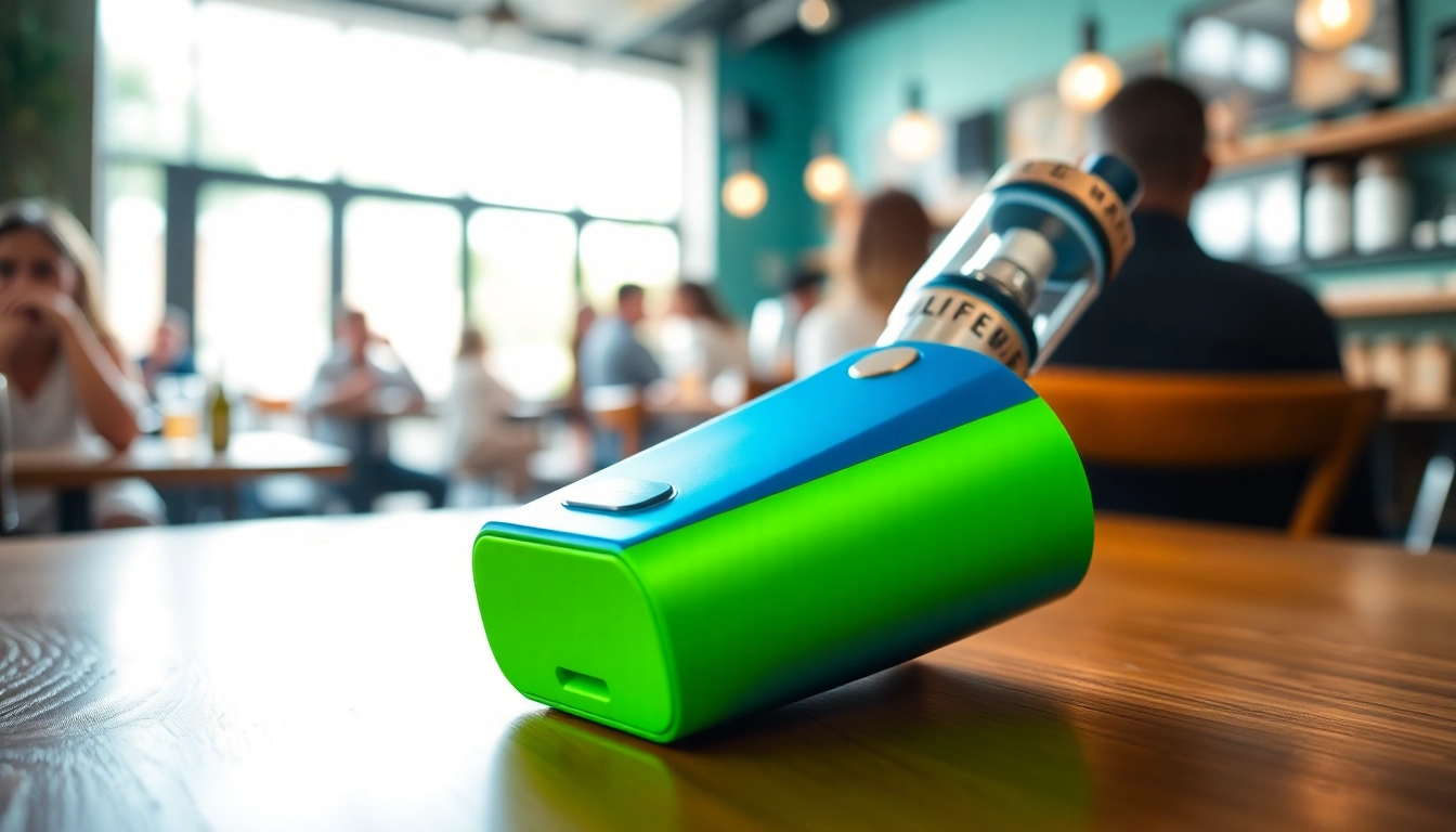 Caffeine vape device on a café table, highlighting its sleek design and vibrant colors.